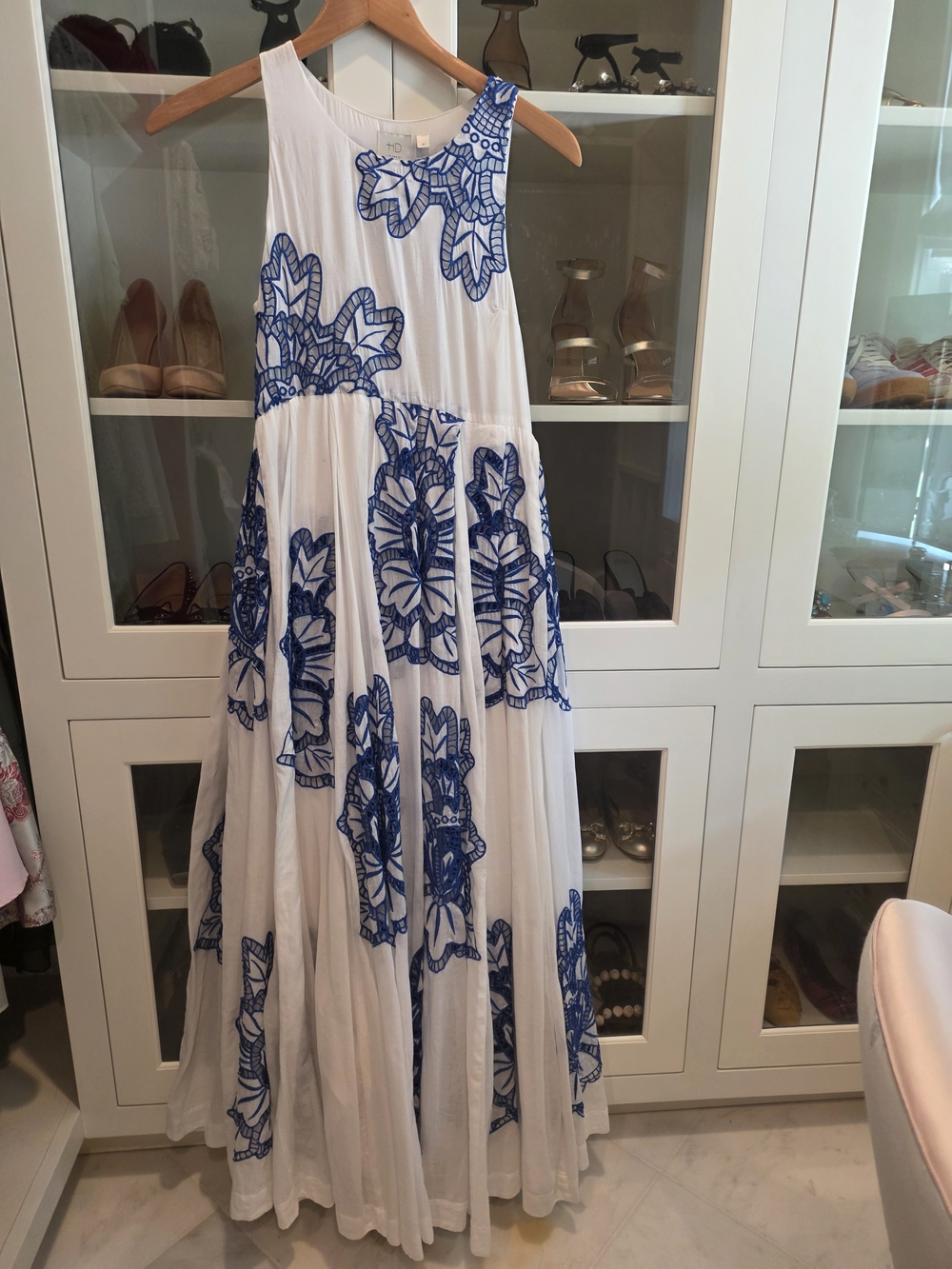 HD in Paris White Maxi Dress with Blue Floral Embroidery